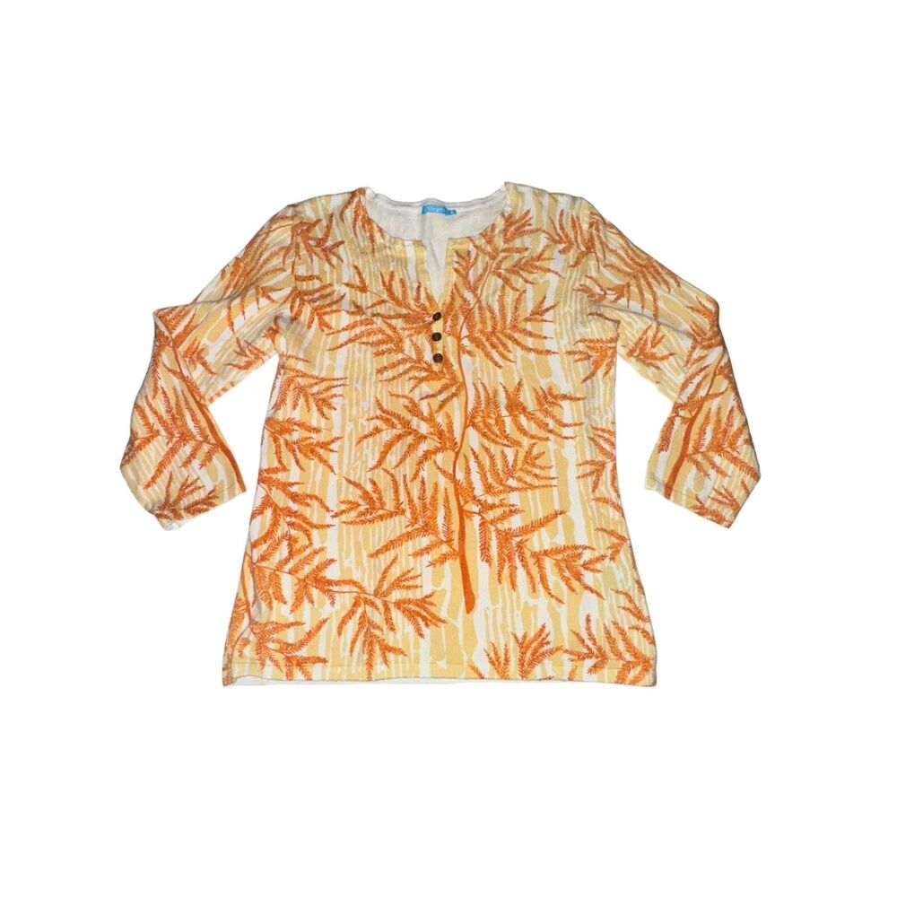 J McLaughlin Henley Popover Women's S Yellow Russet Brown Leaf Print 3/4 Sleeve